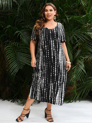 Plus Size Dress for Woman Summer V Neck Short Sleeve White Black Striped Print