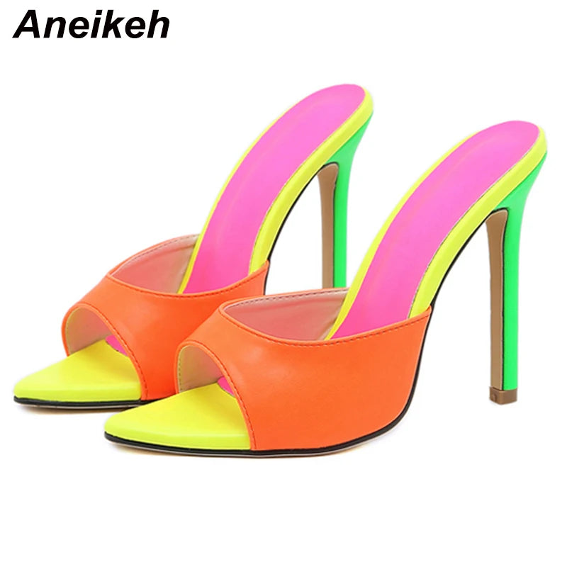 Aneikeh 2023 Orange Sandals Mules High Heels Pointed Toe Heels For Women Summer Slippers Lady Party Sandals Shoes Stripper 35-42