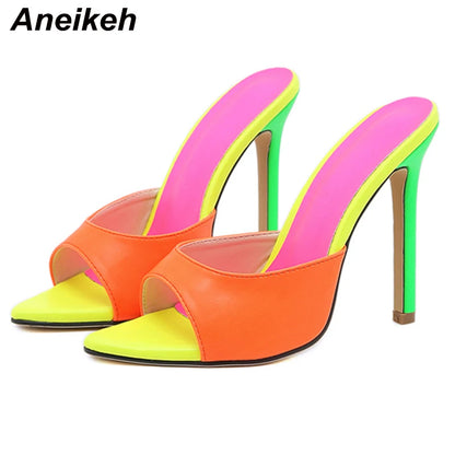 Aneikeh 2023 Orange Sandals Mules High Heels Pointed Toe Heels For Women Summer Slippers Lady Party Sandals Shoes Stripper 35-42