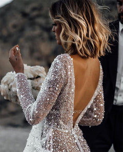 Wedding Dresses Long Sleeves Floor Length Backless Bridal Gowns