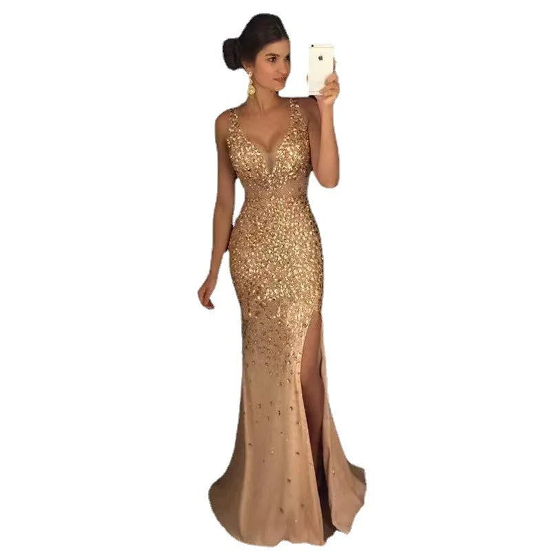 Evening wear Dresses: Split Gilded Long Evening Dress Fashion Flash