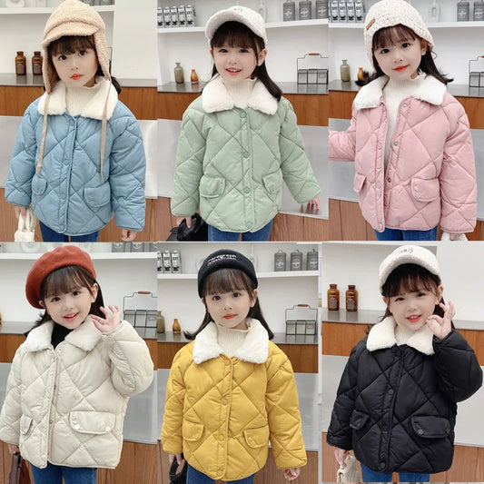 Winter Children's Warm Cotton Jackets Rabbit Fur Collar Coats Baby Short Quilted Jacket