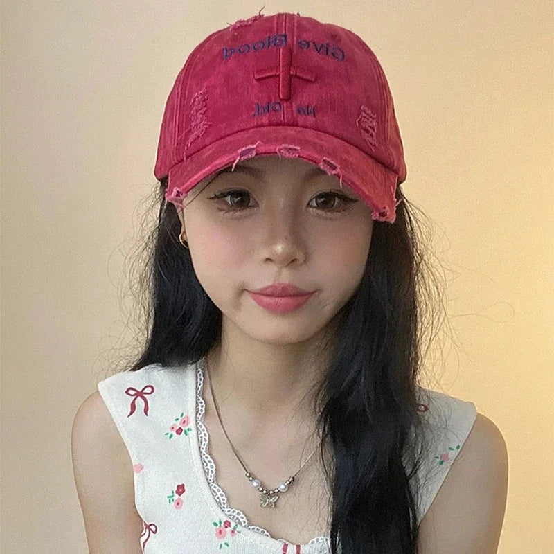 New Unisex Letter Tie-dye Embroidery American Vintage Baseball Hats Versatile Fashion ins Broken Breathable Casual Peaked Caps