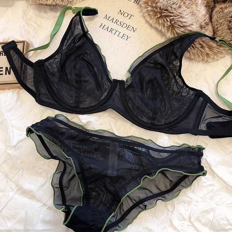 French Ultra Thin Bralette for Women Underwear Top Deep V Push Up Bra Set