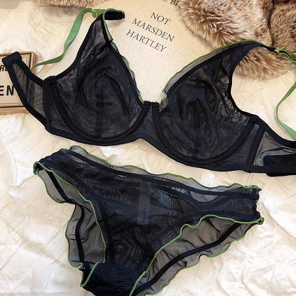 French Ultra Thin Bralette for Women Underwear Top Deep V Push Up Bra Set