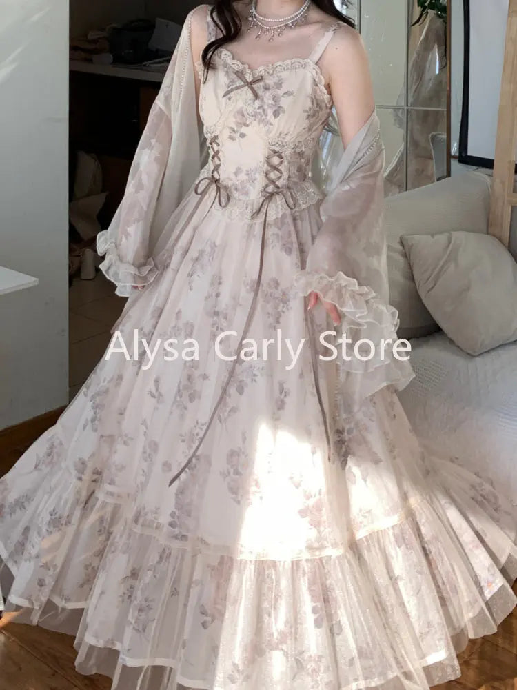 Evening Dresses: Vintage Elegant Floral Dress Women Sweet Ruffles Mesh