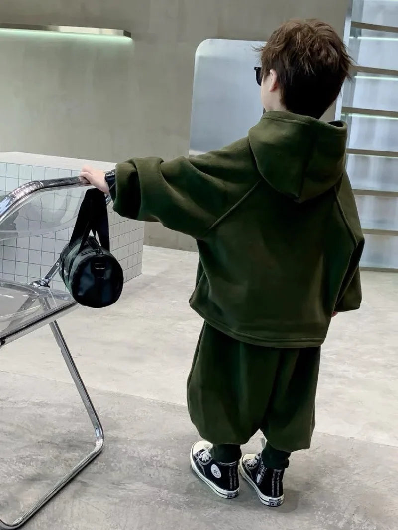 Boys' Cool-Style Autumn-Winter Polar Fleece Two-Piece Outfit