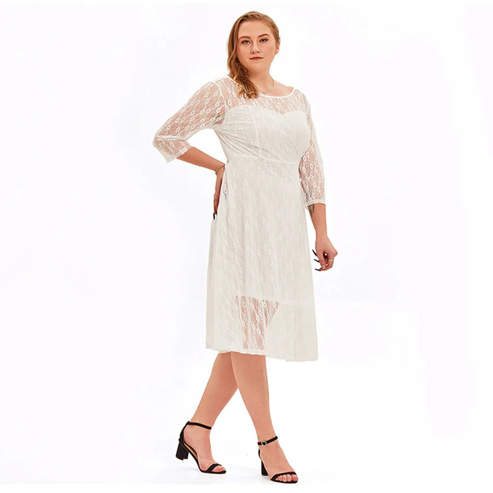 White Plus Size Dresses For Women 2023 Elegant Formal Lace Half Sleeve Midi Sexy Dress For Wedding Casual Loose Evening Dresses