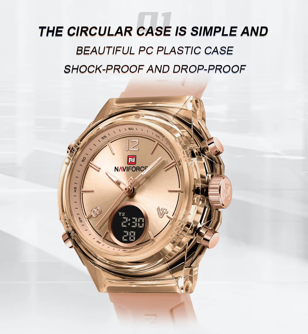 NAVIFORCE Luxury Women's Watch Gold Outdoor Sports Waterproof Watches Dual Time Display Quartz Wristwatches Rubber Digital Clock