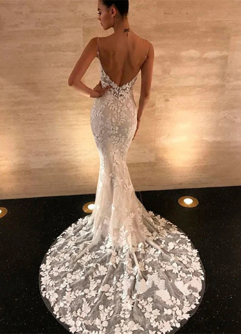 White Bridesmaid Dresses: Boho Lace Appliques Wedding Dress Mermaid Bridal Dresses