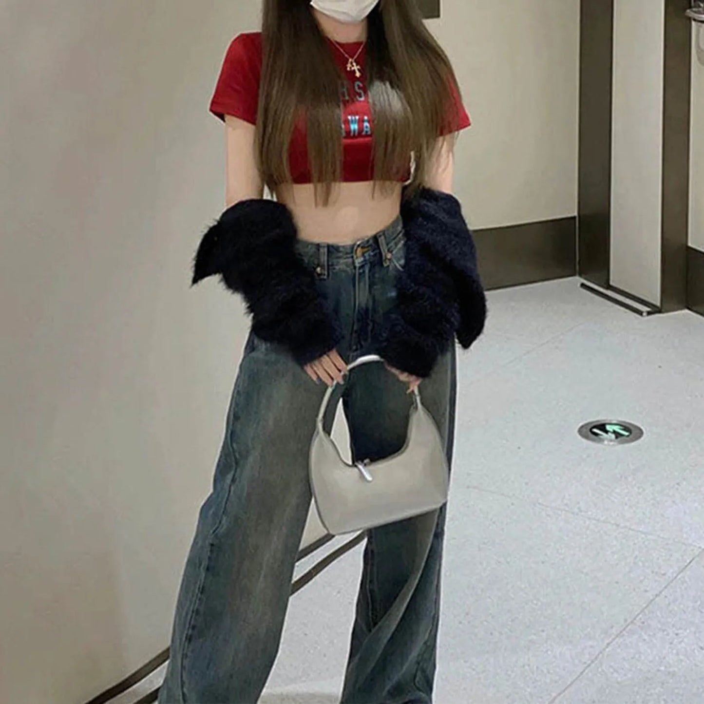 Women Vintage Streetwear Korean Baggy Blue Jeans High Waist Straight Wide Leg Pants