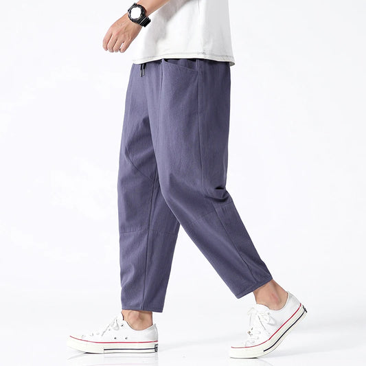 100% Cotton Summer Casual Pants Man Trendy Japanese Cropped Pants Loose Pants