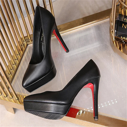 2023 Women 12cm High Heels 3cm Platform Fetish Nightclub Pumps Lady Leather Stiletto Heels Prom Red Bottom Catwalk Black Shoes