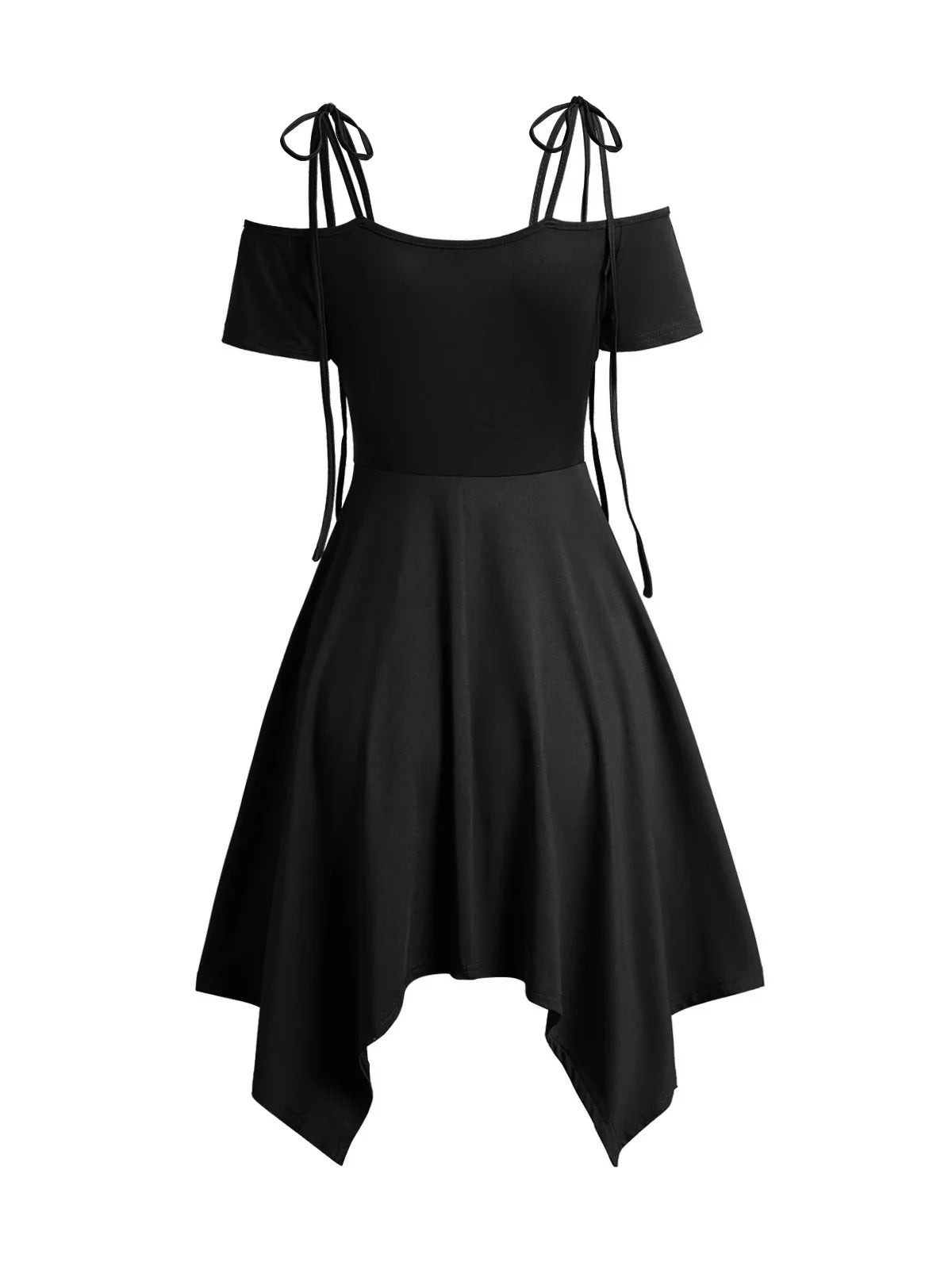 Dressfo Women's Dress Cold Shoulder Lace Up Asymmetric Dress Tie Knot Shoulder Chain Solid Color Short Sleeve Dress