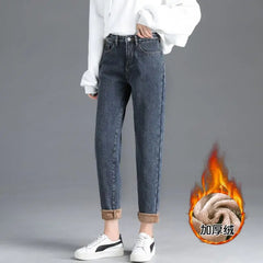 Winter Warm Fleece Jeans Women's High Waist Thick Harlan Straight Denim Pants