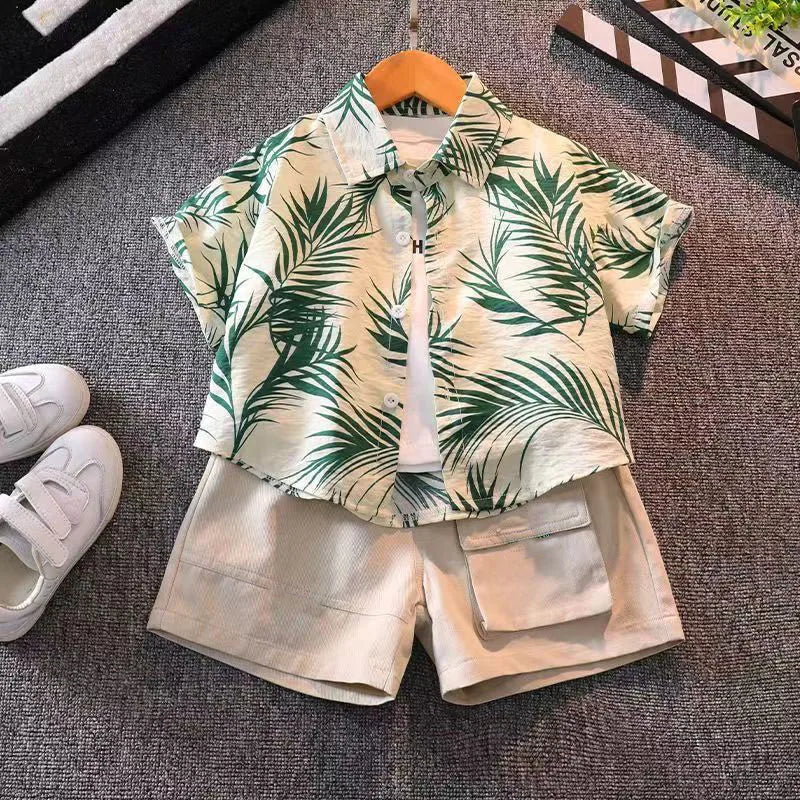 Children's short-sleeved shirt summer beach seaside boys flower shirt baby summer top boys shorts set