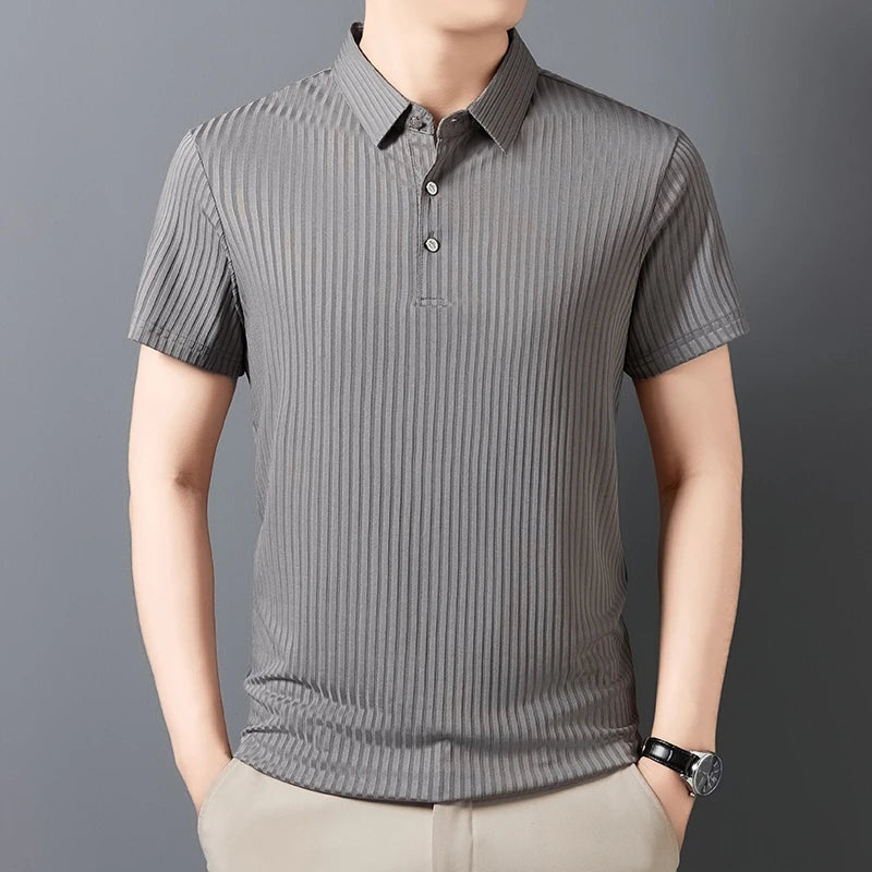 2025 New Men's Casual Fashion Striped Short Sleeved Collar Polo Shirt Breathable and Comfortable Summer Versatile T-shirt