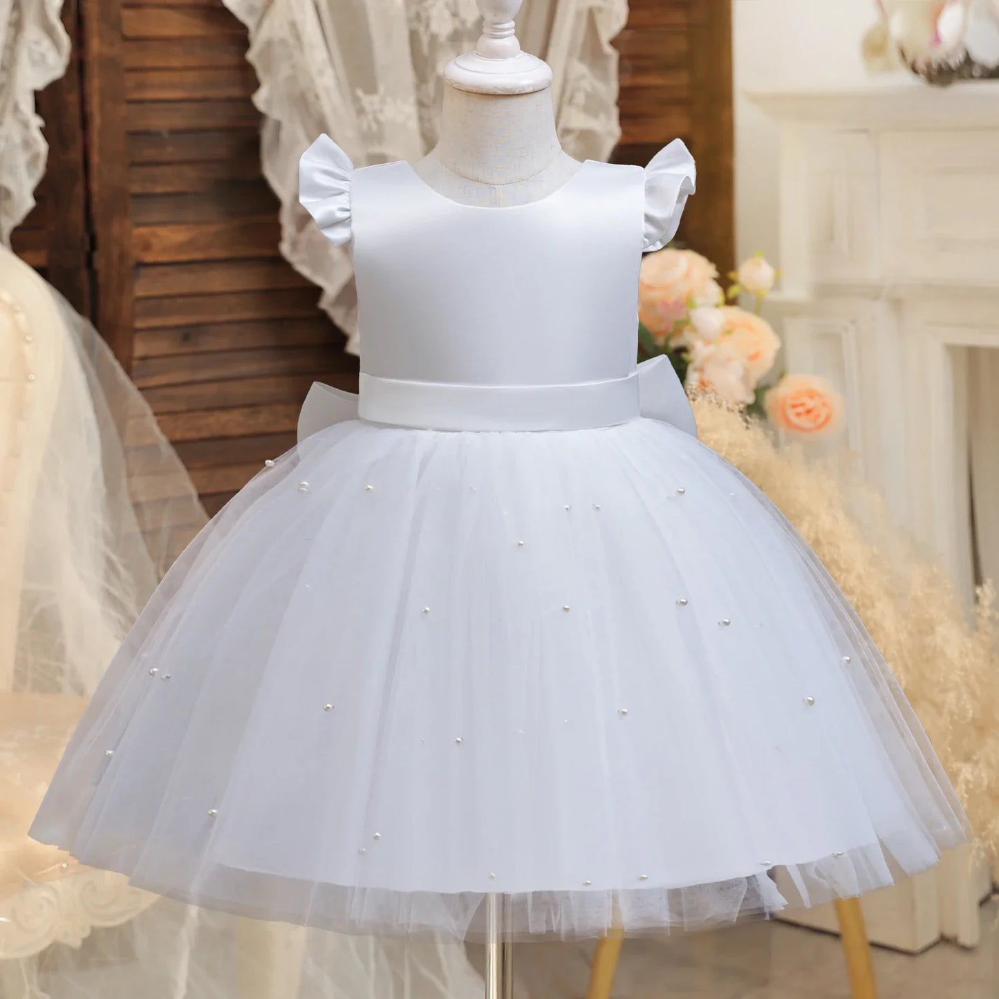 Elegant Pink Fluffy Girl Dresses Birthday Tulle Sleeveless Bow Pearls Princess Wedding Party Gown Kids Piano Performance Costume