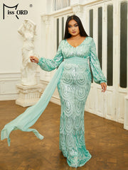 Missord Green Sequin Plus Size Wedding Party Dress Women Elegant V Neck