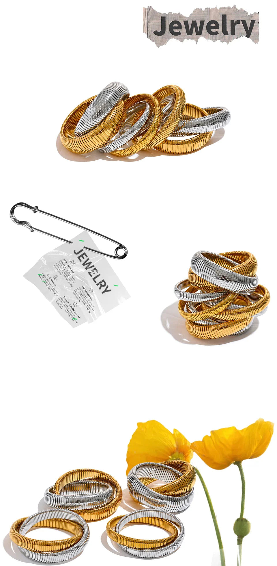 Yhpup Waterproof Stainless Steel Elastic Thick Metal Punk Bracelet Bangle 18K Gold Plated Fashion Women Trendy Jewelry Bijoux