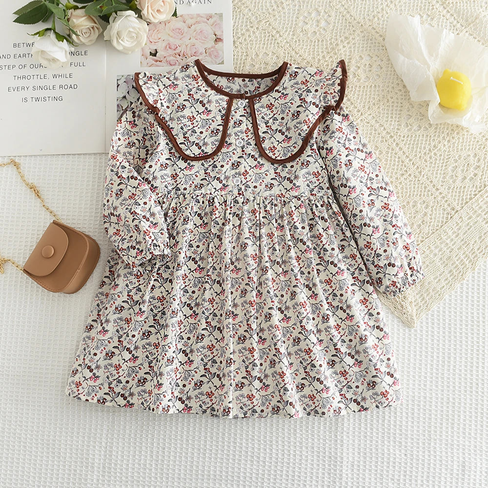 Bear Leader Girls' Dress Fashion Cute Doll Neck Flower Print Dress Children's Girls