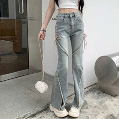 Jeans Women Harajuku Pink Bandage High Waist Denim Pants Casual Streetwear