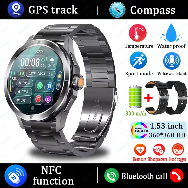 2025 New S4 Ultra Outdoor Sports Smart Watch Men AMOLED Screen NFC GPS Compass Heart rate Waterproof Bluetooth Call SmartWatch