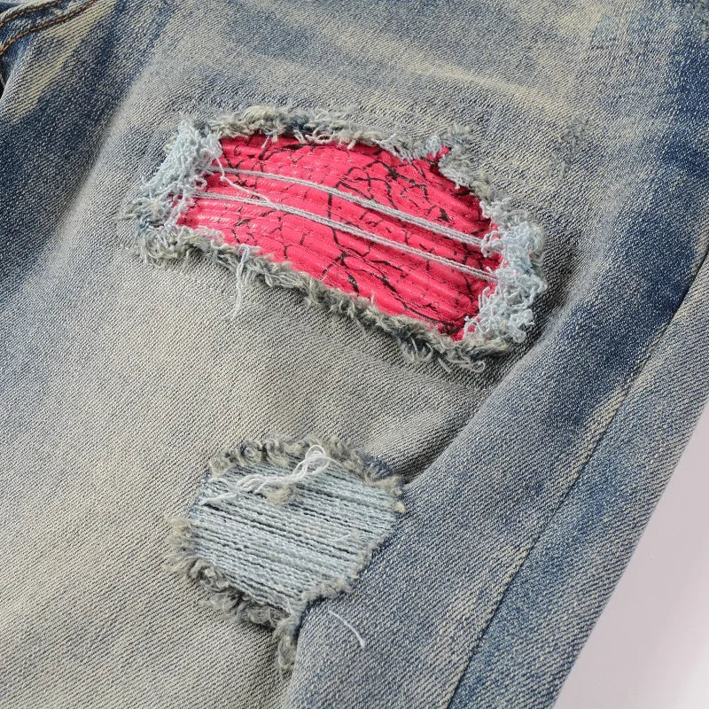 Men's Cracked Patch Biker Jeans Streetwear Pleated Patchwork Stretch Denim Pants