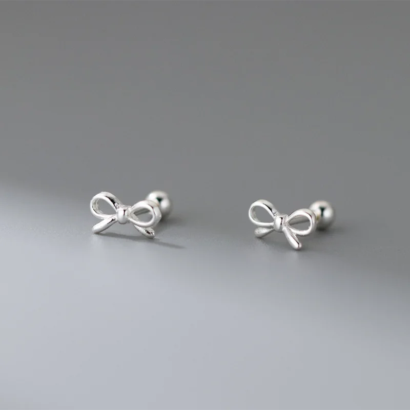 WANTME 925 Sterling Silver Romantic Bow Screw Bead Piercing Stud Earrings for Women Fashion Simple Cute Girls Party Jewelry Gift