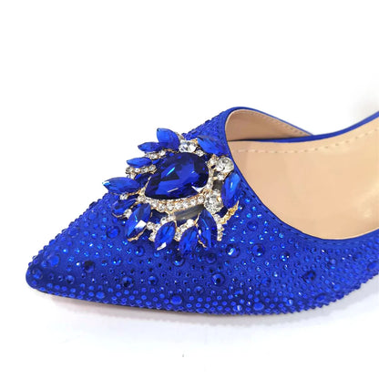 New Arrival Fashion Shoes Matching Bag Set Royal Blue Color Decorated with Crystal Ladies Wedding Party Women High Heel