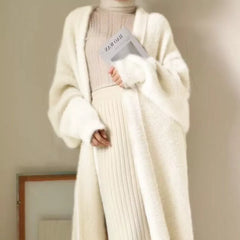 white Long Cardigan for women winter clothes Knitted fluffy long sleeve Cashmere