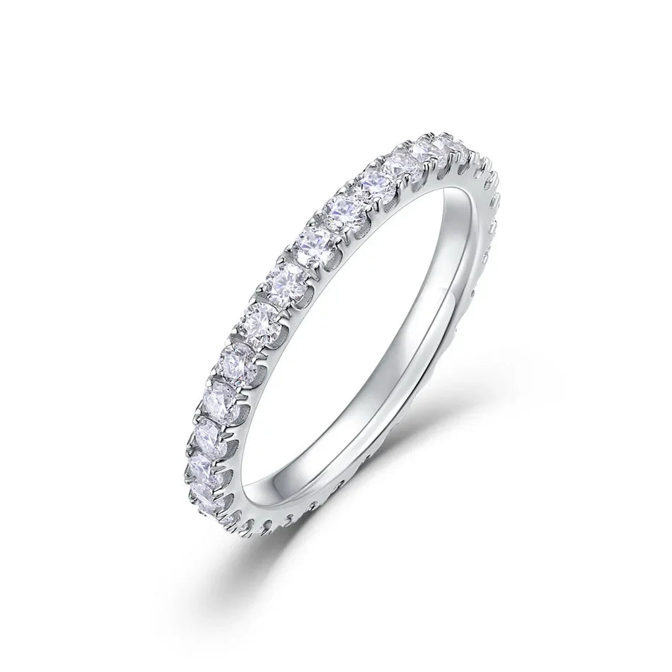 ALLNOEL 2mm Full Moissanite Ring for Women D Color VVS1 Female Single Tail Ring 925 Silver Ring Wedding Eternity Band With GRA