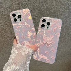 For iPhone 15 Pro 16 Plus 14 Pro Max 13 12 11 X XS XR 7 8 SE Romantic Pink Heart Butterfly Lustre Lining Hard High Phone Case