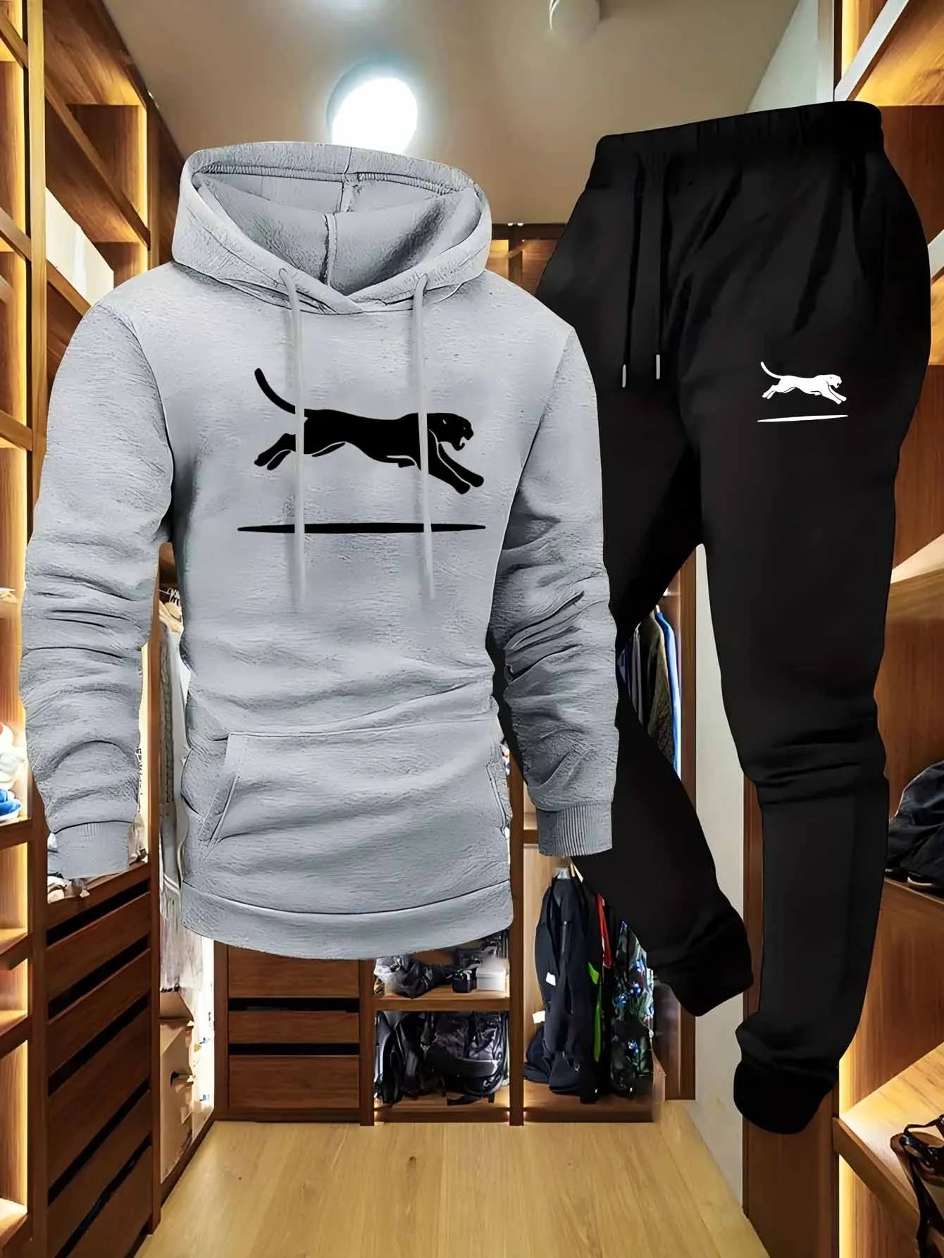 Casual Cargo Sweatshirt & Jogger Set Black White Leopard Print Soft Comfort Fabric Loose Fit Hooded Pullover Multiple Pockets