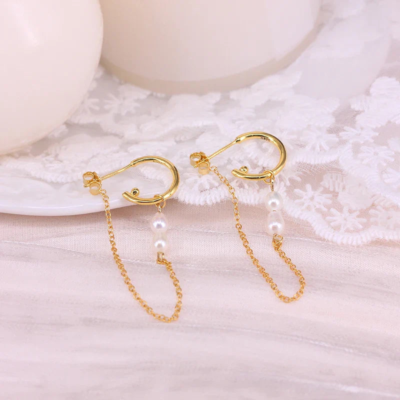Aide 925 Sterling Silver Long Chain Tassel Baroque Irregular Pearl Dangle Earrings for Women C Shape Earrings Jewelry Pendientes