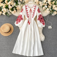 Bohemian Dress for Women O-neck Floral Embroidery Lantern Sleeve