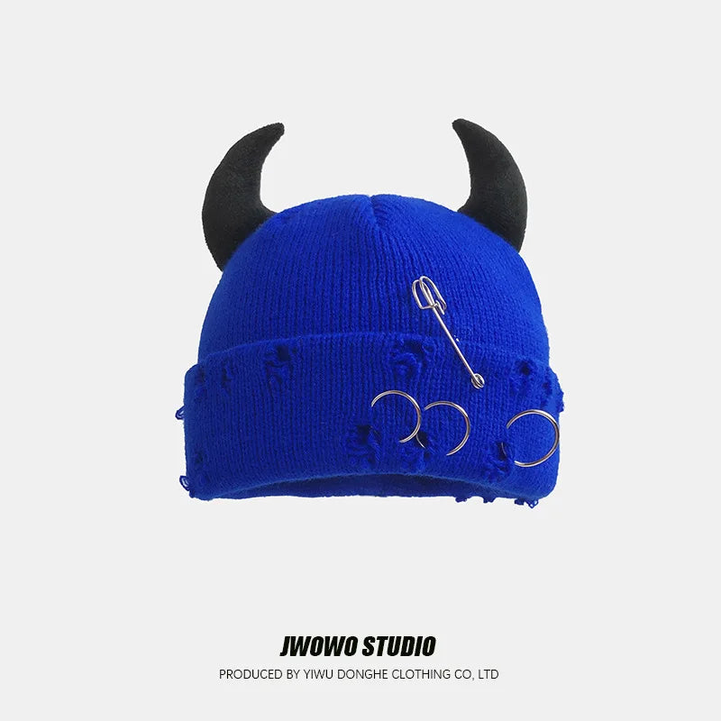 Unisex Knitted Beanie With Devil Horns Halloween Distressed Skull Cap Hip Hop Winter Warm Yarn Hat For Men Women
