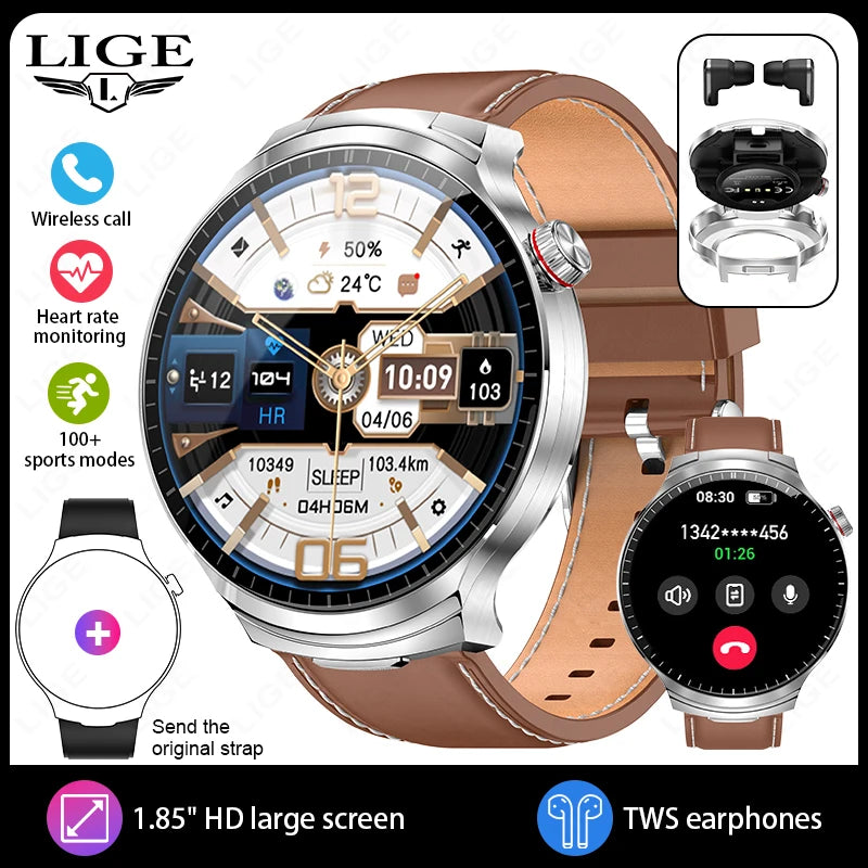 LIGE 2025 New TWS 2-In-1 Headset Smart Watch 1.85" Bluetooth Call Men Earphone Smartwatch Heart Rate Health Monitor Music Watch