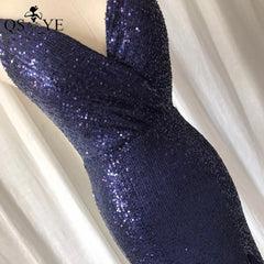 Navy Mermaid Evening Dresses Spaghetti Straps Cheap Prom Gown Sequined Elegant Party Dress Glitter Ruched Sexy V Neck Woman Gown