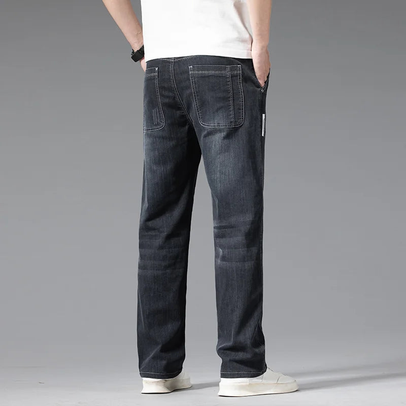 Baggy Jeans Blue Gray Elastic Waist Business Casual Straight Denim Trousers