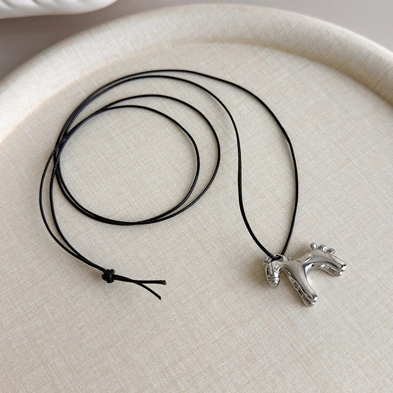 Minar Funny Metallic Cartoon Horse Multi Tassel Beads Pendant Necklaces for Women Female Adjustable Long Wax Rope Chain Chokers