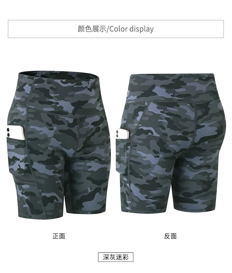 Women's printed nude yoga shorts with pockets skin-friendly tight stretch quick-drying sports fitness hiking running shorts