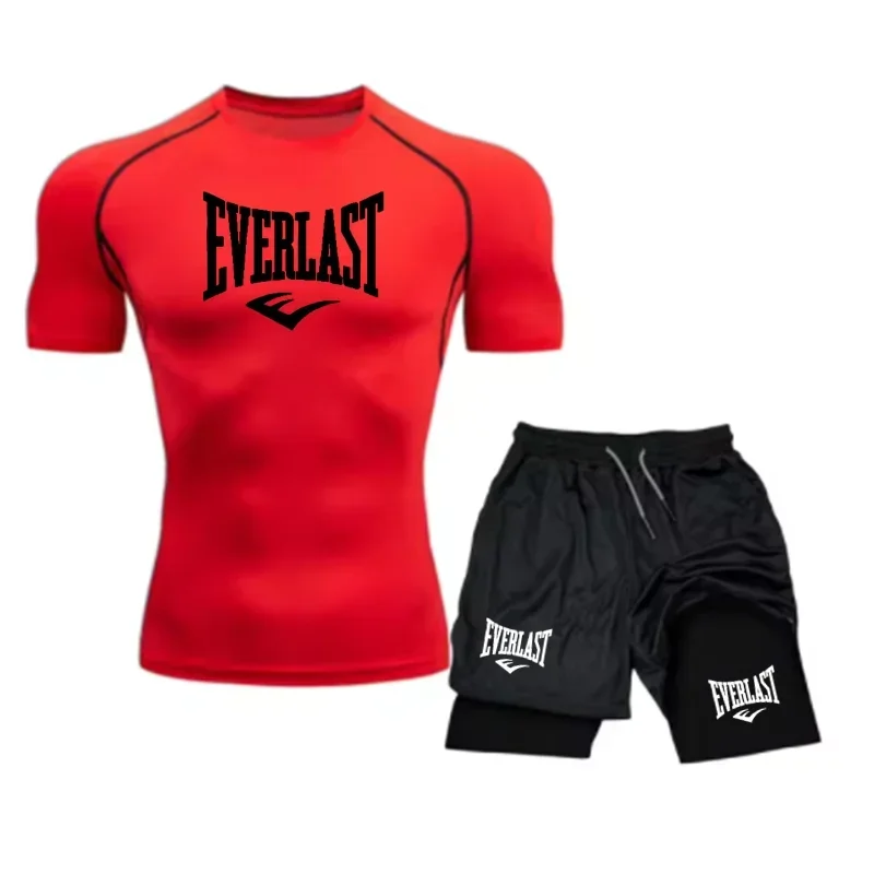 EVERLAST Men's Compress Shirt + 2-in-1 sports shorts 2pcs Set Leisure Breath Short Sleeve Sport Jogging Gym Brand Print Clothing