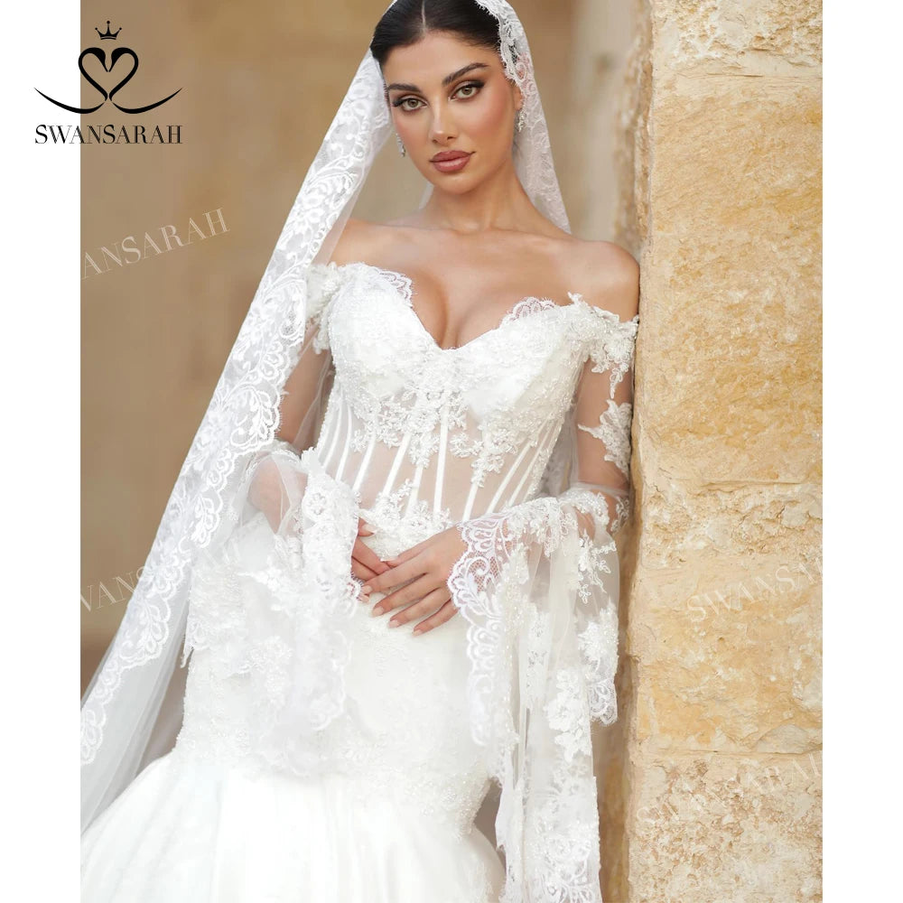 White Bridesmaid Dresses: Long Sleeve Wedding Dress Appliques Beaded Mermaid