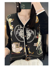 Spring And Autumn Wool Coat Jacket Women's Long Sleeve Wide V-Neck Printed