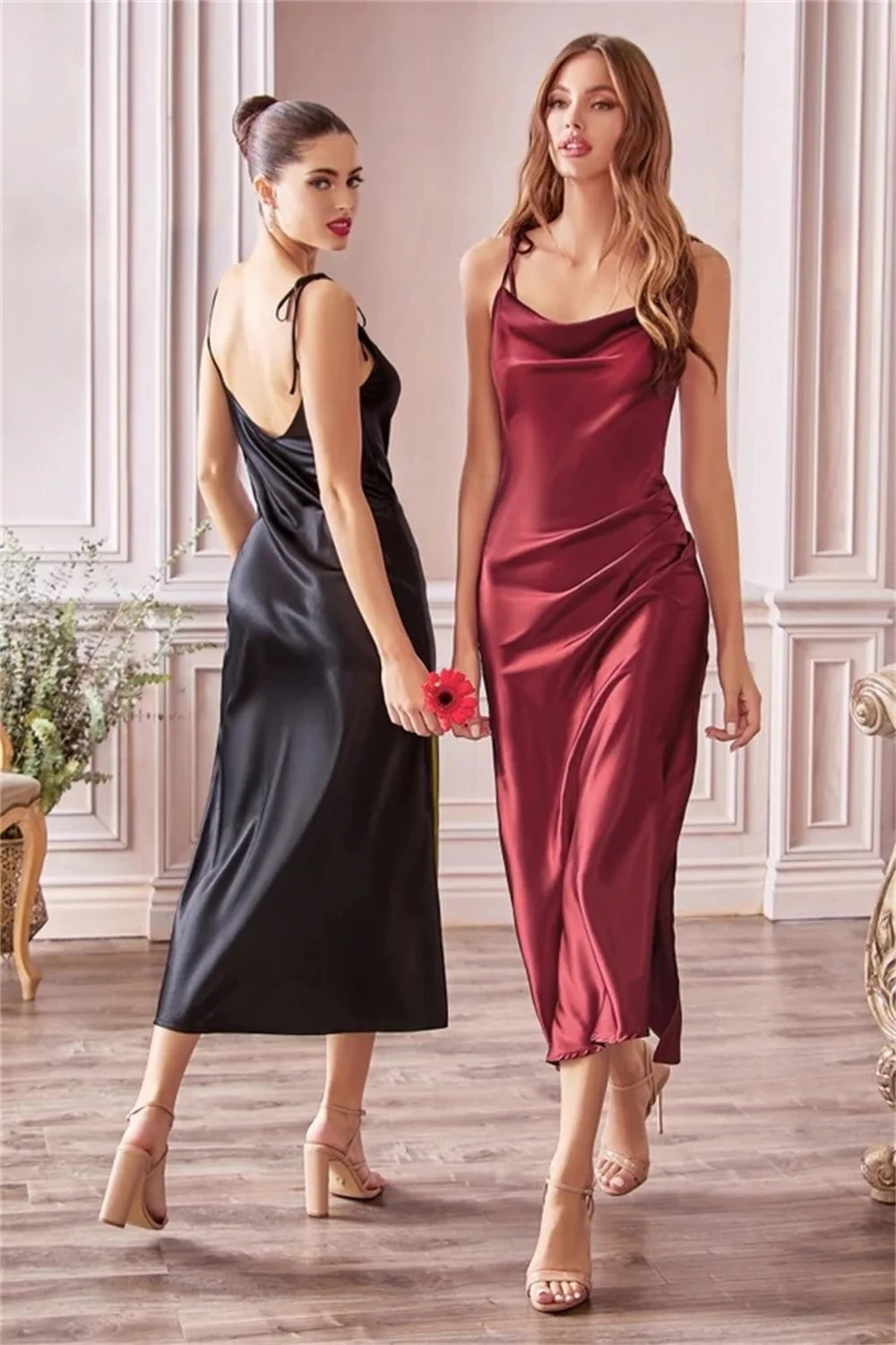 Formal attire Dresses: Green Cowl Neck Tie Straps Satin Beach Midi