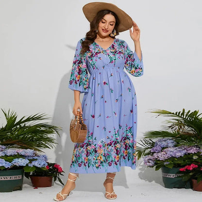 Middle East Hot Spring Plus Size Dress Fragmented Chiffon Elastic Waist Flare Sleeves Holiday Long Dress