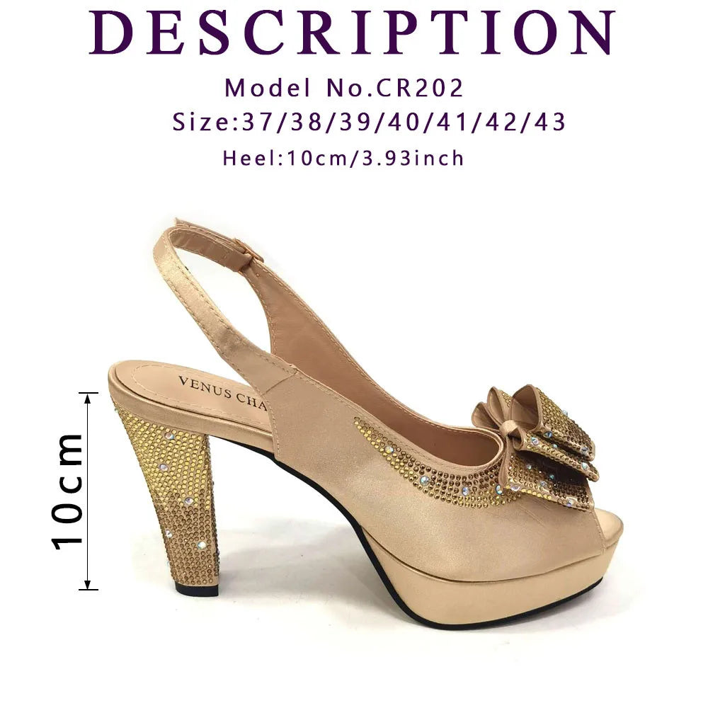 Hot Selling Peep Toe Square Heel Ladies Shoes Matching Bag Set in Golden Color For Mature Ladies Party