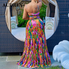 Elegant Sling Plus Size Dress Printing Fashion Backless Boho Beach Mixi Dress Robe