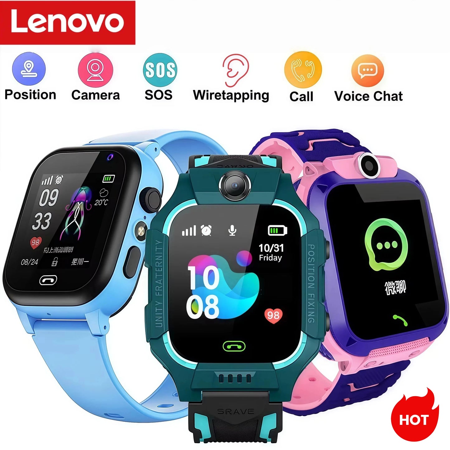 Lenovo Kids Smart Watch SOS GPS Location Sim Card Camera Heart Rate Monitoring Bluetooth Calling Waterproof Gift For Android